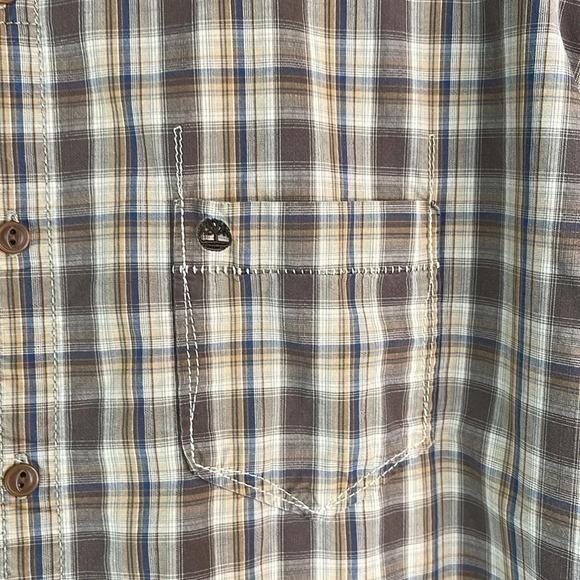 TIMBERLAND Mens Aged Washed Plaid Shirt Tan Brown Organic Cotton Long Sleeve XL - Picture 5 of 13